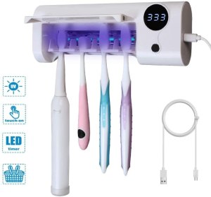 Qhand UV Toothbrush Sanitizer, Bathroom Toothbrush Holder Wall Mounted with Sterilizer Function, 1500mAh Charging, Timing Function, Toothbrush Organizer for Ladies Baby Family